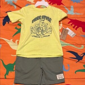 Yellow Graphic Tee and Gray Shorts Set